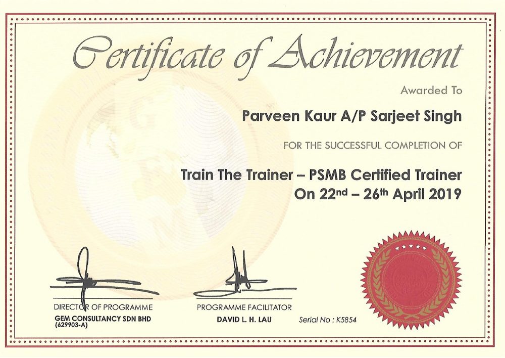 Train the Trainer PSMB Certified Trainer certificate, April 2019